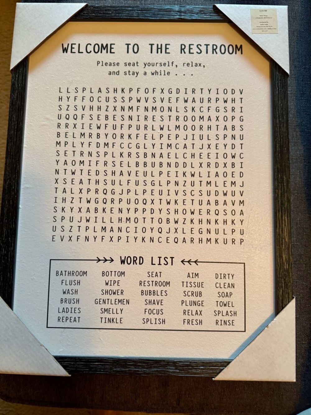 Black & White 'Welcome to the Restroom' Word Search Art Print